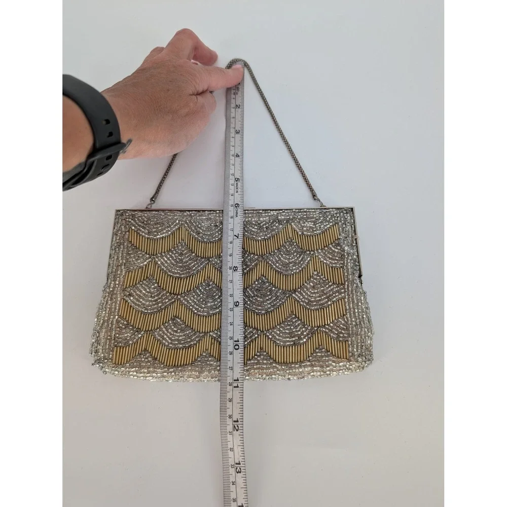 VTG Beaded Evening Bag Small Gold Silver Art Deco Kiss Lock Clutch Formal Glam